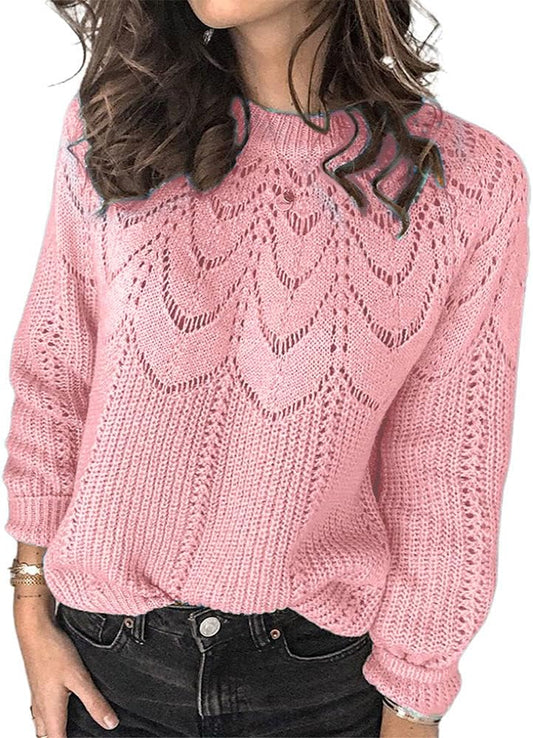 Womens Crewneck Long Sleeve Hollow Out Knit Sweater Solid Casual Loose Pullover Jumper Tops