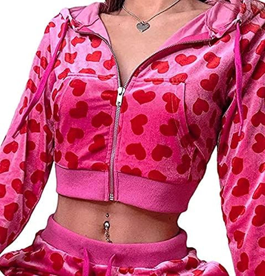 Women Pink Heart Print Zip up Crop Velvet Hoodies Long Sleeve Sweatshirts Kawaii Cropped Tops Autumn Winter Clothes, A-Pink