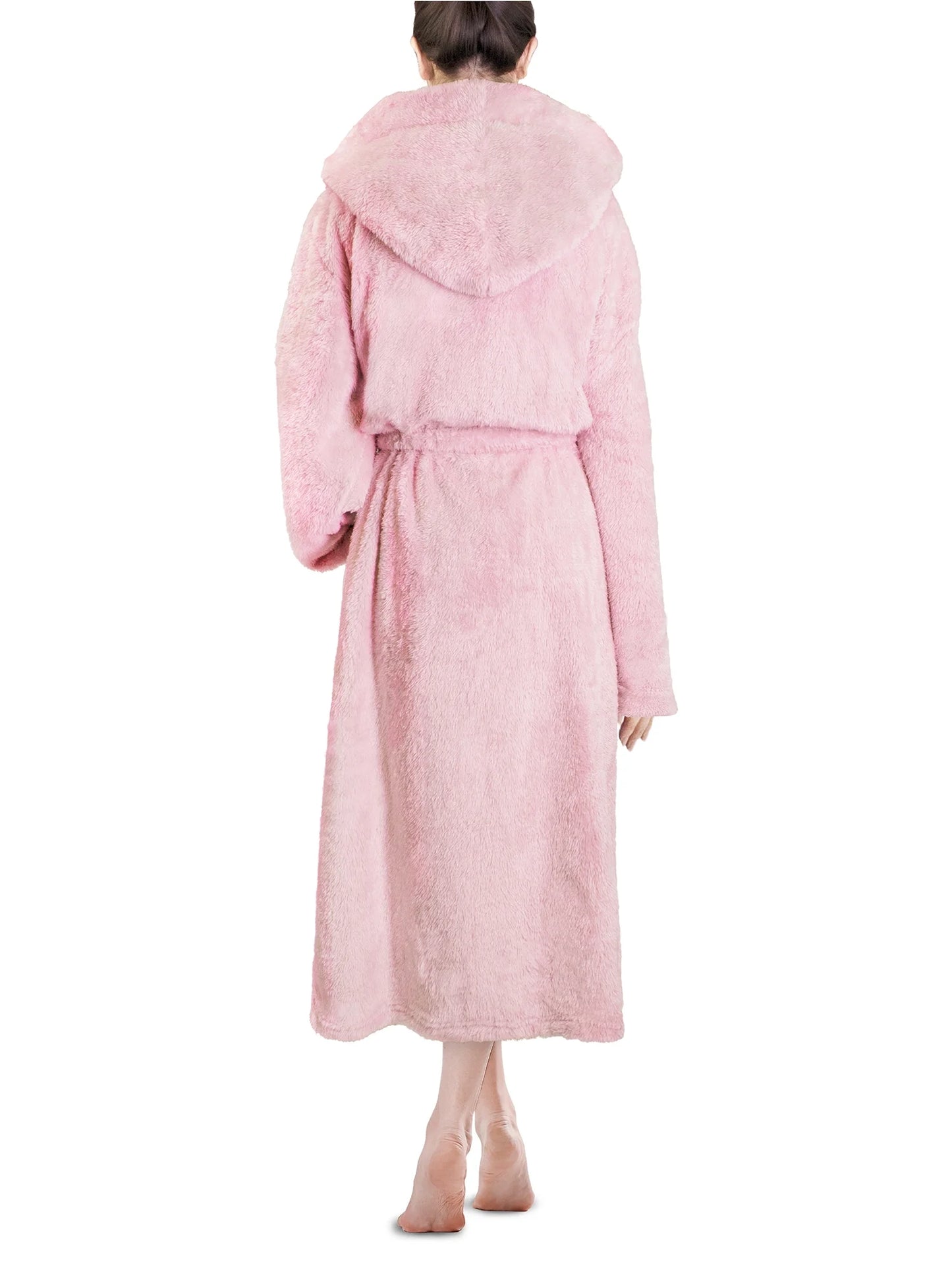 Women Hooded Plush Soft Robe | Fluffy Warm Fleece Sherpa Shaggy Bathrobe (L/XL, Light Pink)