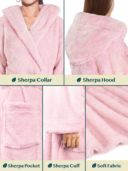 Women Hooded Plush Soft Robe | Fluffy Warm Fleece Sherpa Shaggy Bathrobe (L/XL, Light Pink)
