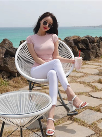 Summer Top T Shirt Women T-Shirt White Pink Woman Clothes Slim Tshirt Female Skinny Short Sleeve Tops Tee Y2K Girl Sexy Cotton