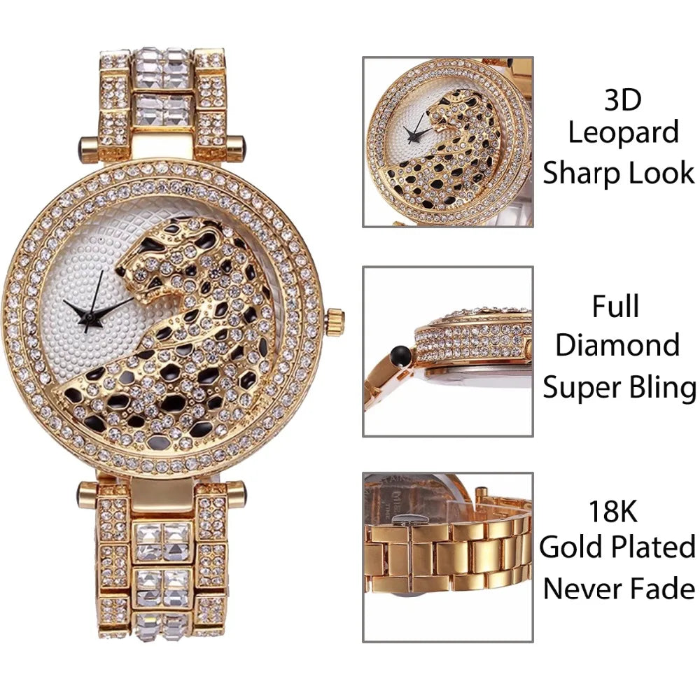Women Quartz Watch Fashion Bling Casual Ladies Watch Female Quartz Gold Watch Crystal Diamond Leopard for Women Clock