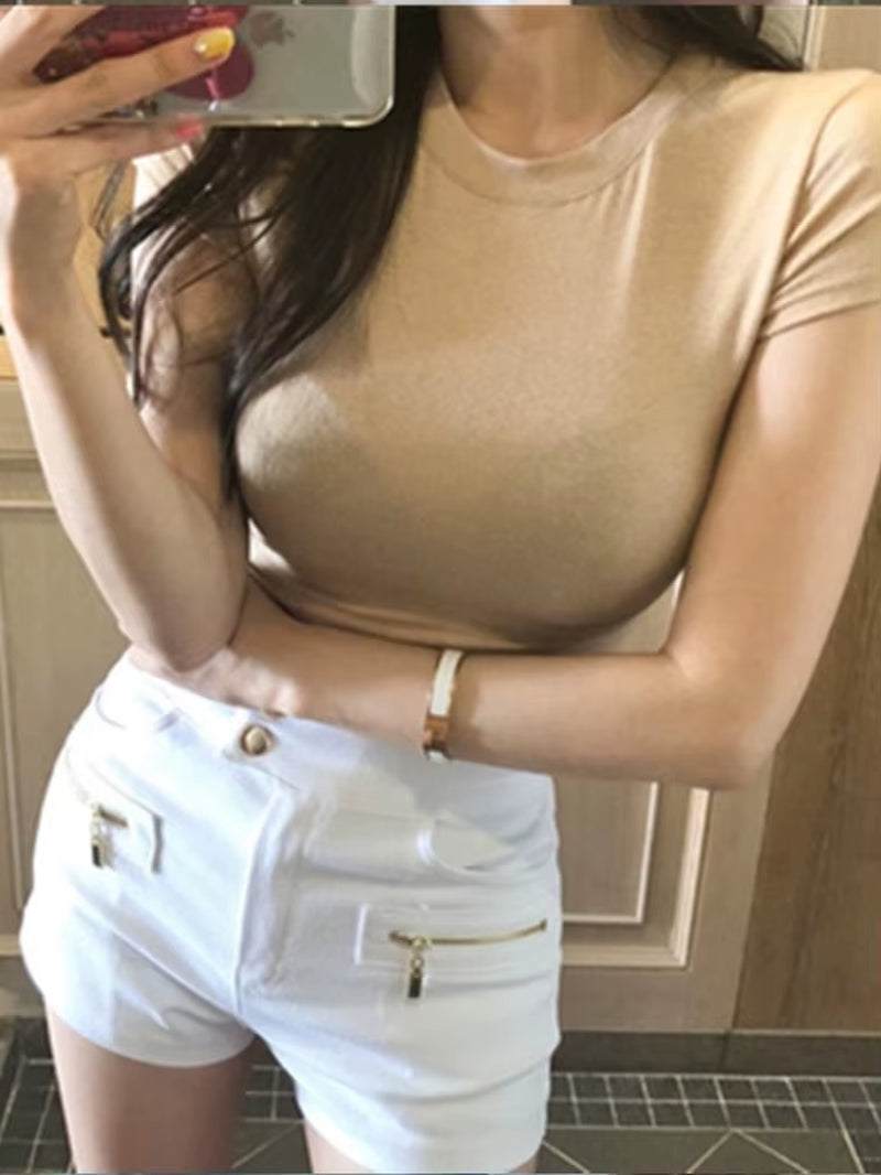 Summer Top T Shirt Women T-Shirt White Pink Woman Clothes Slim Tshirt Female Skinny Short Sleeve Tops Tee Y2K Girl Sexy Cotton