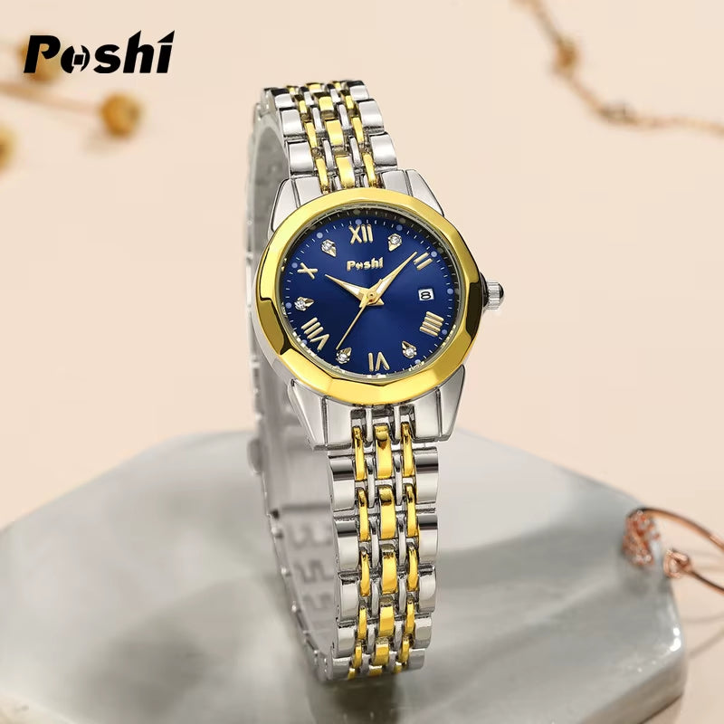 POSHI Stainless Steel Strap Quartz Watch Fashion Casual Women'S Watches Crystal Dial Quartz Movement Date Ladies Bracelet Gift