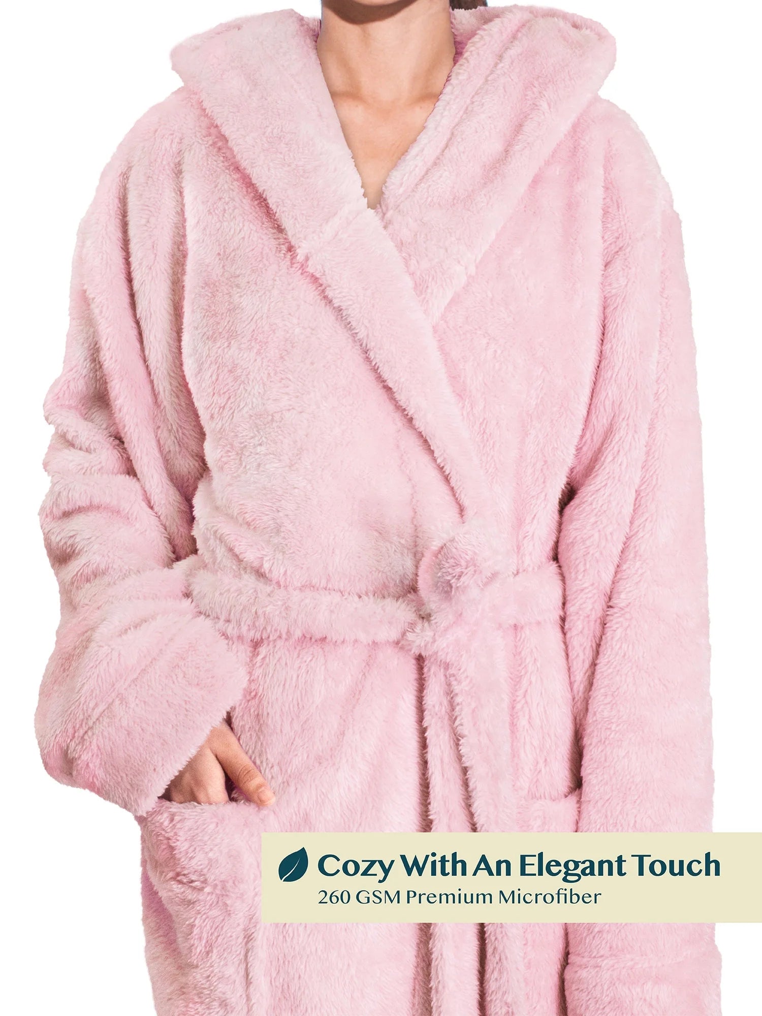 Women Hooded Plush Soft Robe | Fluffy Warm Fleece Sherpa Shaggy Bathrobe (L/XL, Light Pink)