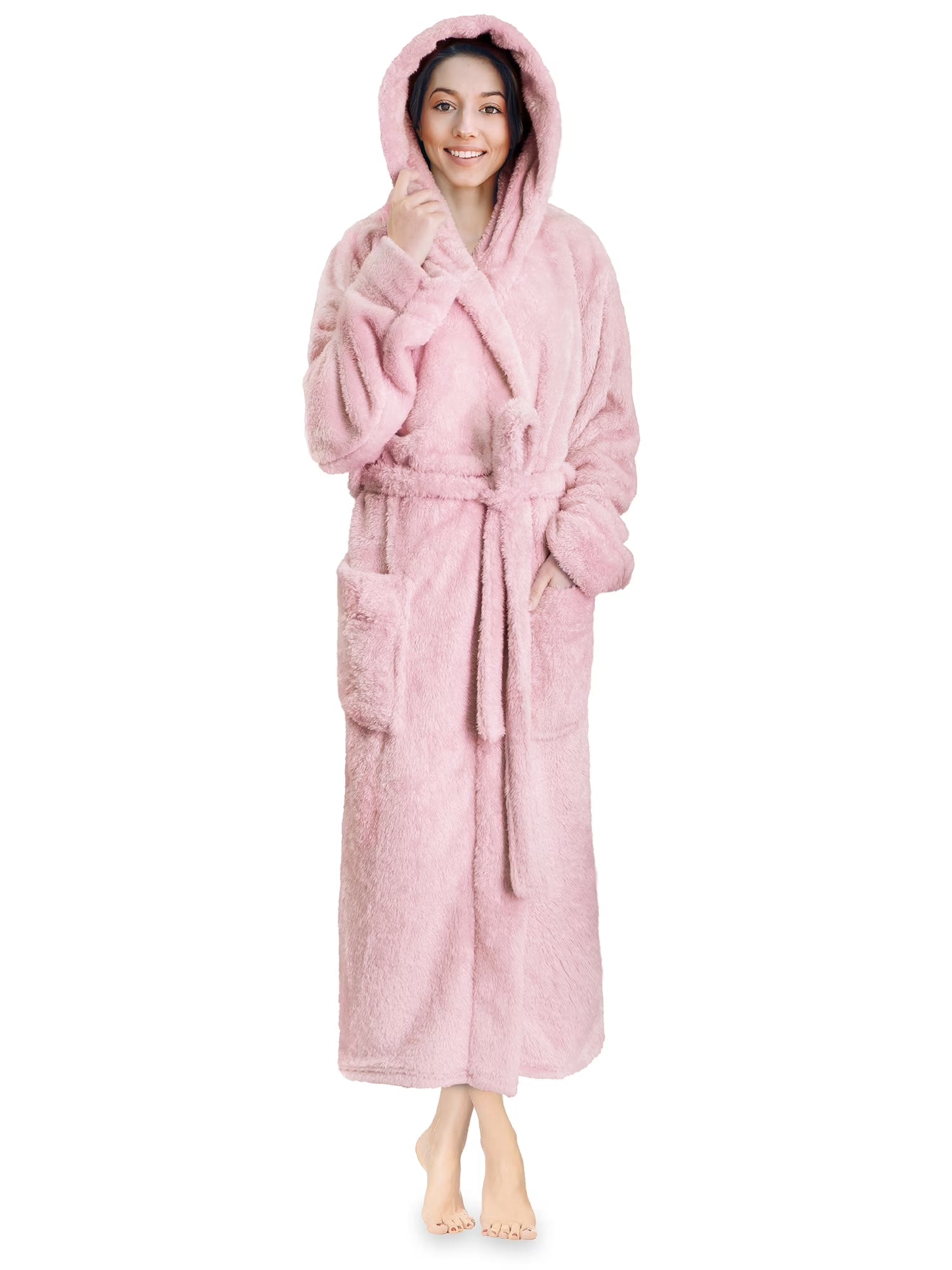 Women Hooded Plush Soft Robe | Fluffy Warm Fleece Sherpa Shaggy Bathrobe (L/XL, Light Pink)