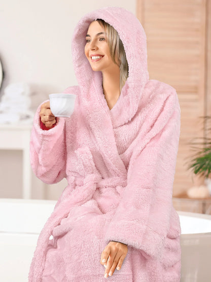 Women Hooded Plush Soft Robe | Fluffy Warm Fleece Sherpa Shaggy Bathrobe (L/XL, Light Pink)
