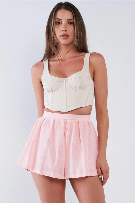 Sweet Pink Pleated High Waist Light Plaid Babydoll Flare Mini Shorts
