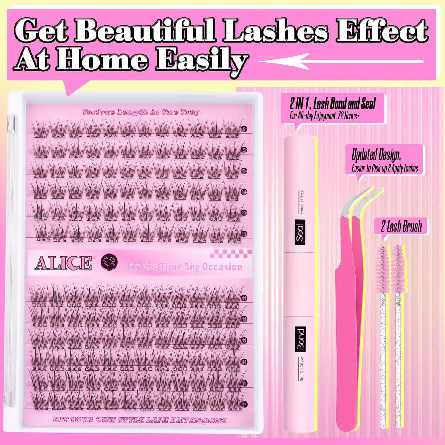 DIY Eyelash Extensions Kit 9-11MM Natural, Lash Clusters Kit 144Pcs Wispy Individual Lashes Lash Extensions, Lash Glue Bond and Seal Self Application for Lash Extension Beginner
