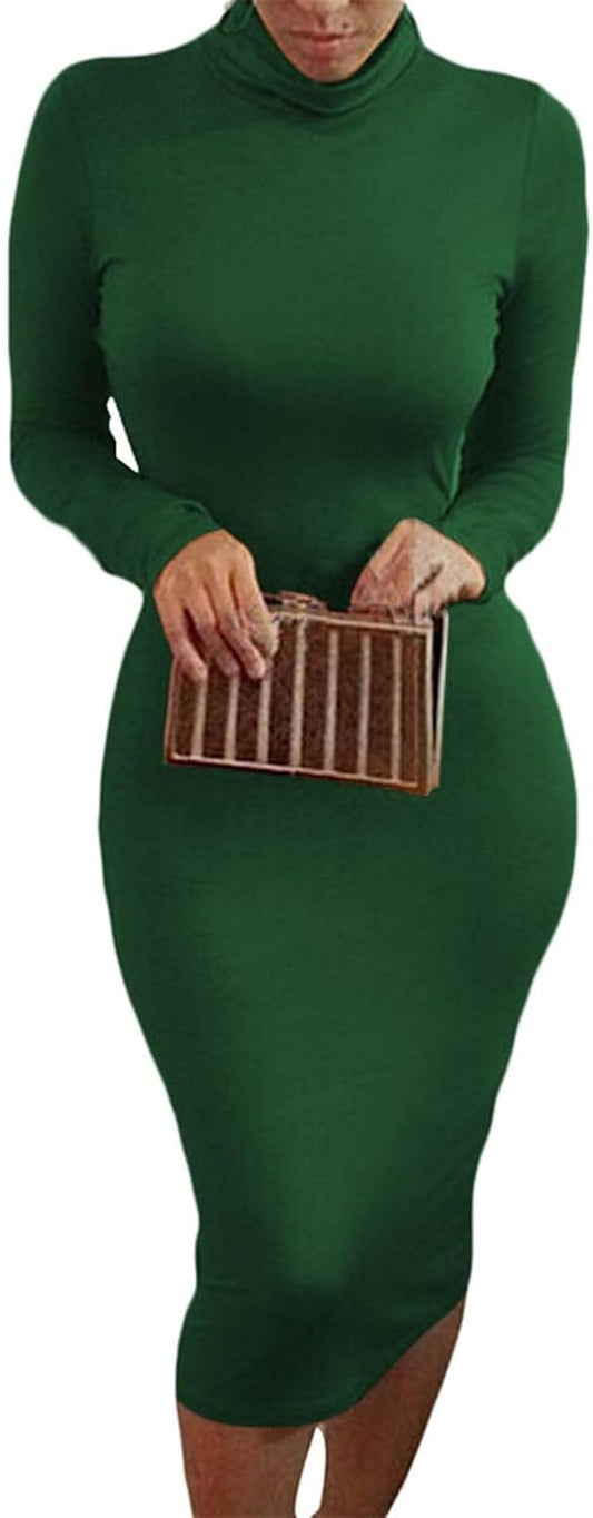 Womens Sexy Fall Knit Dress High Neck Long Sleeve Bodycon Midi Winter Dresses