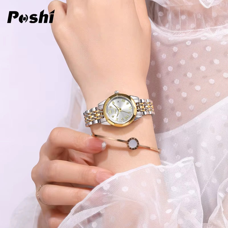 POSHI Stainless Steel Strap Quartz Watch Fashion Casual Women'S Watches Crystal Dial Quartz Movement Date Ladies Bracelet Gift