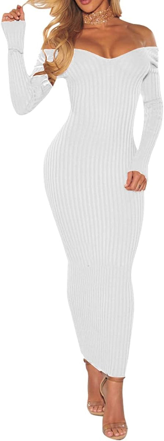 Women’S Bodycon off Shoulder Sweater Dresses for Autumn and Winter White