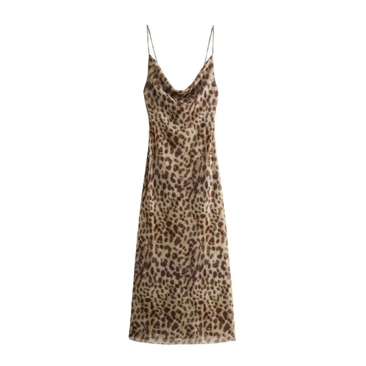 HH Women Fashion Leopard Print Sleeveless Backless Suspender Dress Summer Female Vintage Slim Casual Beach Party Long Dress